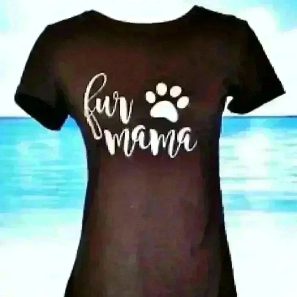 Woman "FUR MAMA" T-Shirt BLACK with SILVER PAW Print STRETCH Lightweight size Sm